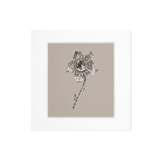 A square mounted print reproduction of a watercolour illustration by Cartier for a diamond flower brooch design